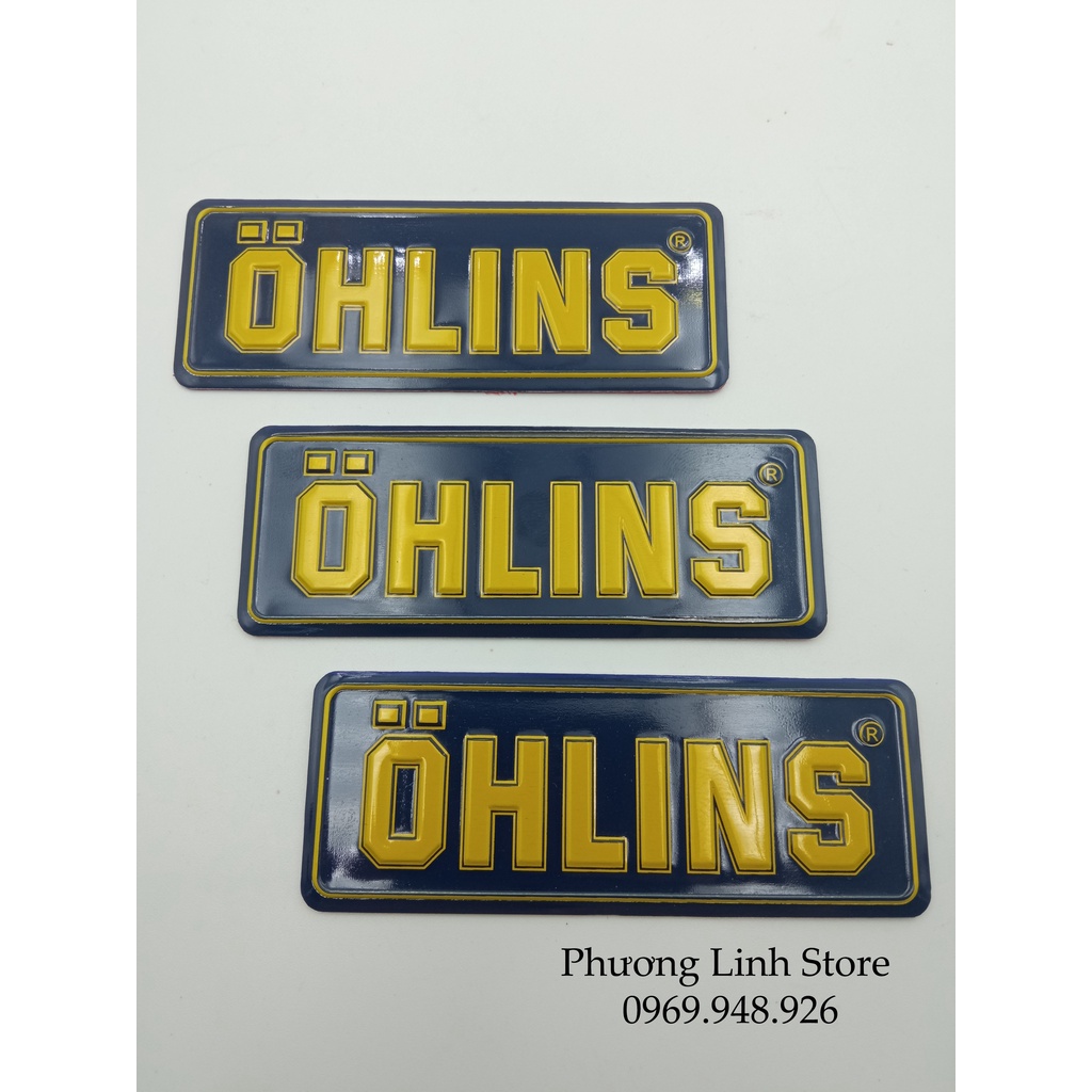 Tem dán phuộc, tem Ohlins dán phuộc, tem phuộc trước chữ vàng nền xanh đen (52)