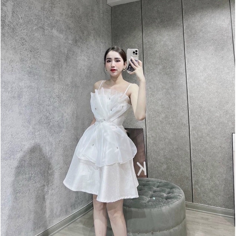 Đầm hai dây phối voan ngực xếp ly đính