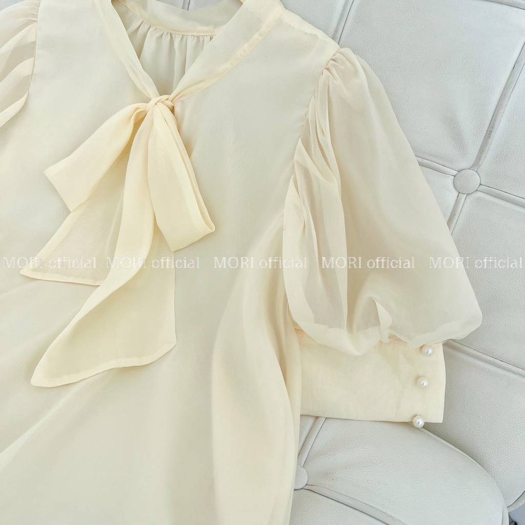 Set áo sơ mi nữ tay ngắn quần short cạp cao tiểu thư thiết kế tay bồng cổ nơ công sở voan hai lớp Mori Clothing ASM01