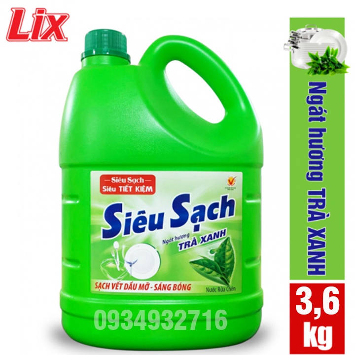 Nước Rửa Chén Lix Siêu Sạch Hương Trà Xanh 3,6 Kg- Sạch Bóng Vết Dầu Mỡ