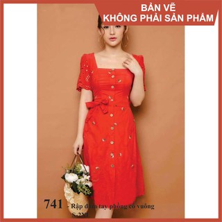 Rập giấy 741- Rập đầm tay phồng cổ vuông (Bản vẽ) (BẢN VẼ)