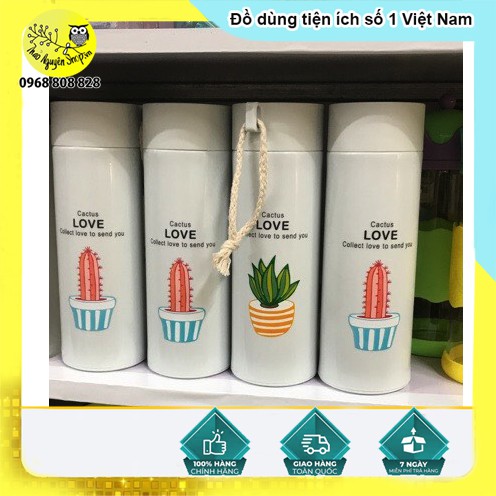 Bình nước in hình xương rồng 450ml lõi thủy tinh bọc vỏ nhựa lúa mạch có dây sách (GIAO MẪU NGẪU NHIÊN