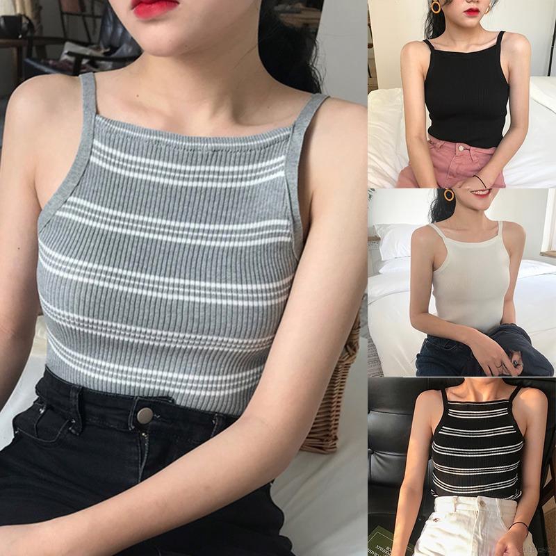 Korean Top Women Spaghetti Strap Striped Halter Knitted Camisole Women's Clothes | BigBuy360 - bigbuy360.vn