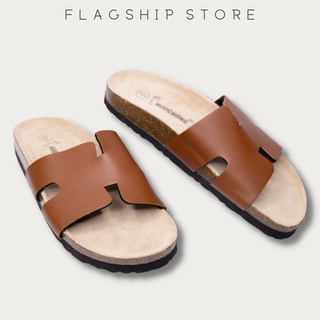 Dép chữ h màu nâu đế trấu quai dép da Pu Basic unisex
