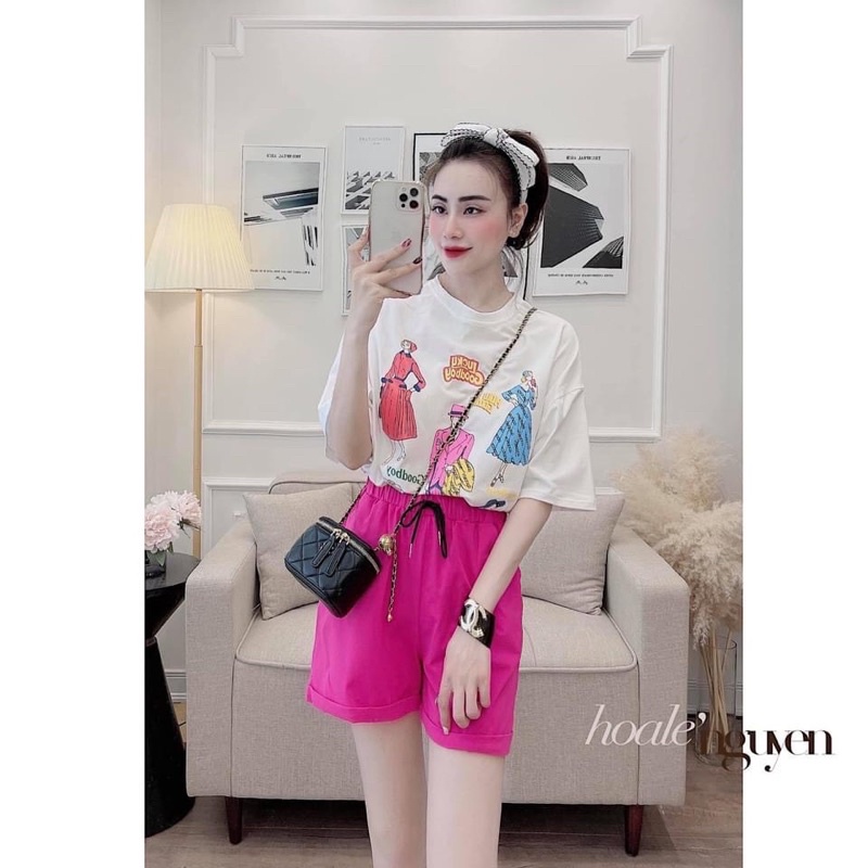 Set bộ áo phông trắng suông hoạt hình mix quần sooc cạp chun siêu xinh L1 | BigBuy360 - bigbuy360.vn