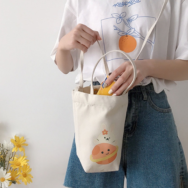 Túi Canvas Đeo Vai Đựng Bình Nước In Hình Hoạt Hình Dễ Thương Cho Nữ