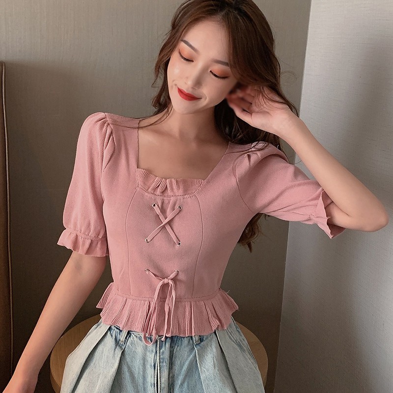 Áo Dệt Kim Tay Ngắn Cổ Chữ U Màu Trơn Đơn Giản Dễ Phối Đồ Cho Nữ