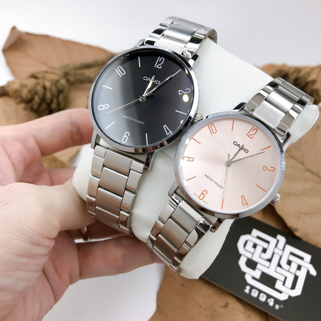 Đồng hồ cặp Casio MTP-VT01D-1B2 / LTP-VT01D-4B2 dây thép không gỉ, size 34mm, 40mm chống nước, hàng chính hãng