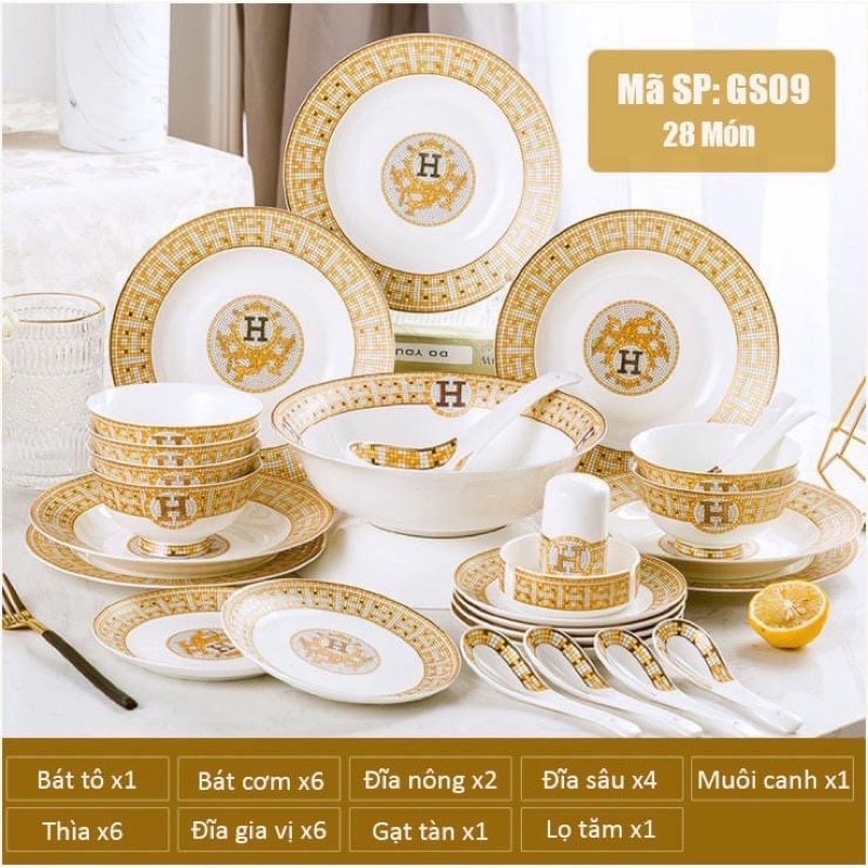 Bộ bát sứ xương cao cấp  mẫu chữ H, thiên nga, ngựa, hoa văn