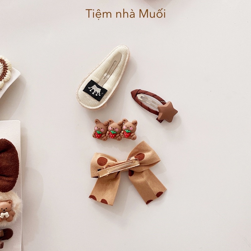 Set 4 kẹp tóc tone nâu/be/trà sữa siêu cute phong cách Hàn Quốc cho bé gái