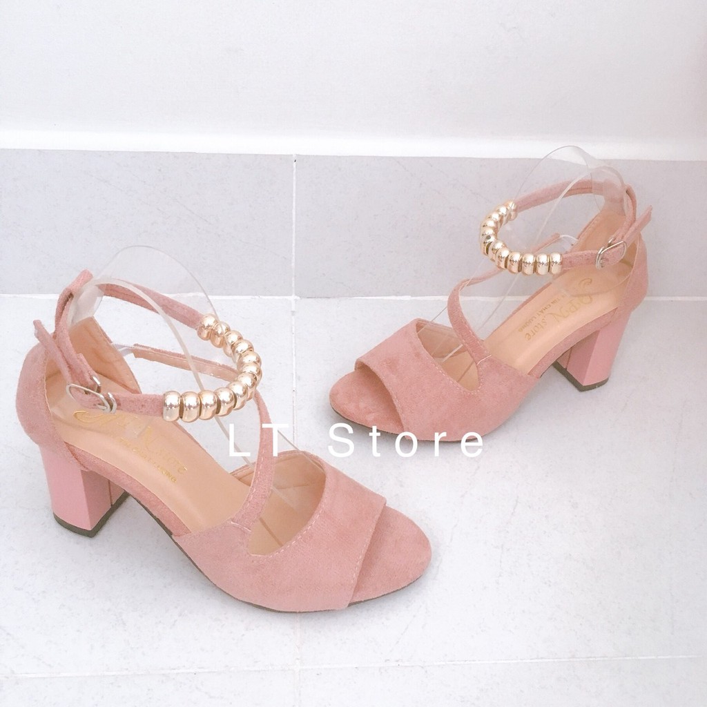Giày cao gót 7cm hở mũi chéo hông vòng cổ phối hạt (có ảnh thật)