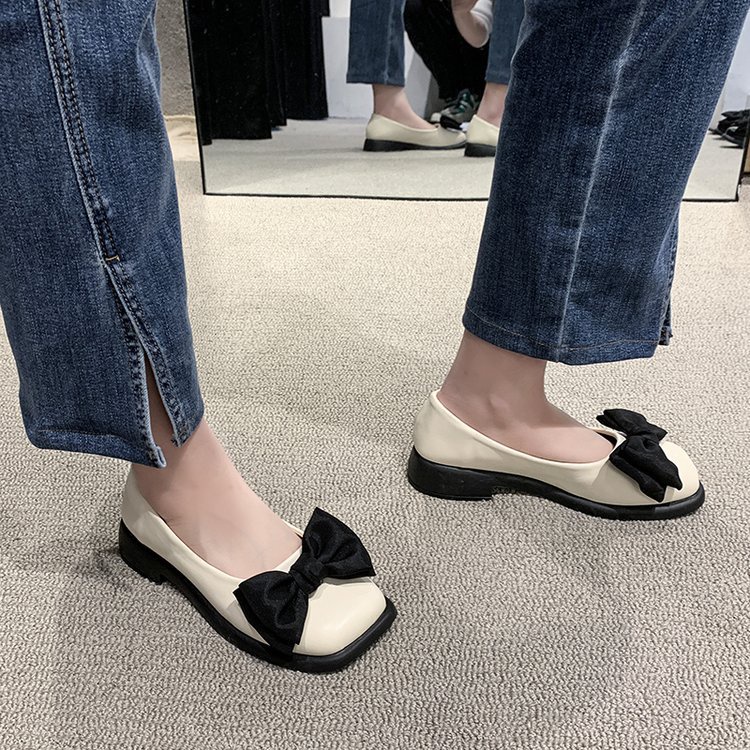 Giày Búp Bê Da Mũi Vuông Đính Nơ Phong Cách Anh Quốc Cho Nữ