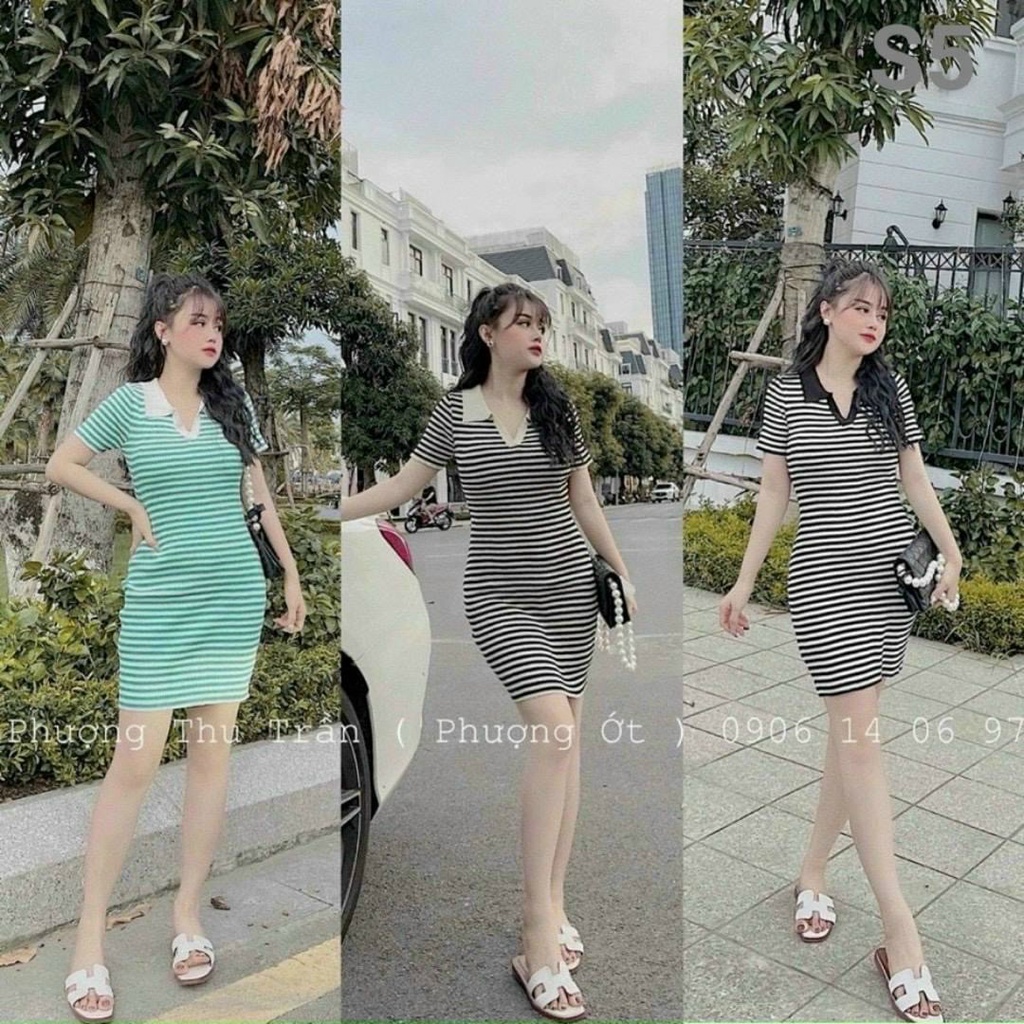 [sale sốc] Đâm bodycon tôn dáng đẹp với thiết kế ôm body cổ sơ mi, chất vải thun gân sọc