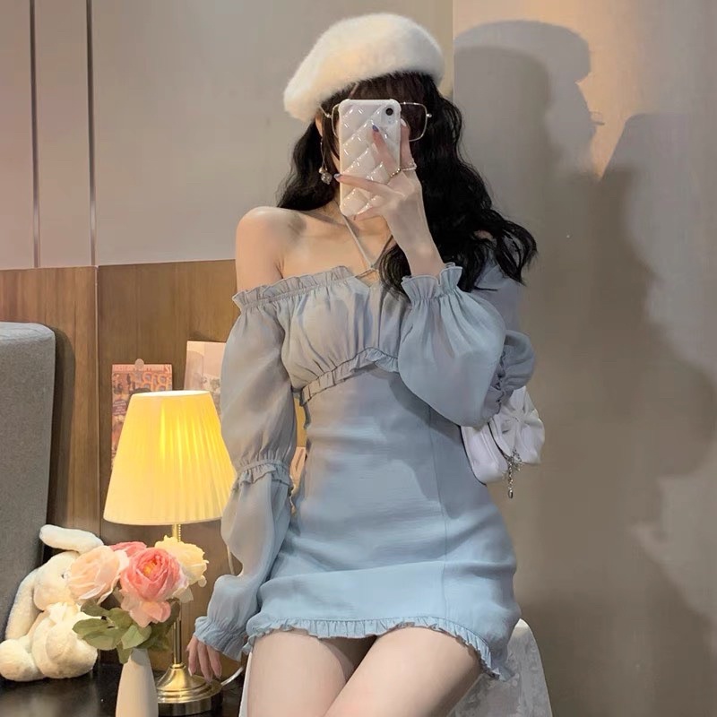 Đầm bẹt vai xanh tay dài bèo dáng ôm