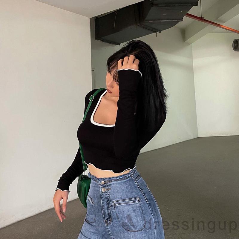 Áo Tay Dài Dáng Ôm Xếp Ly Viền Vuông Màu Tương Phản Kiểu Pháp Cho Nữ