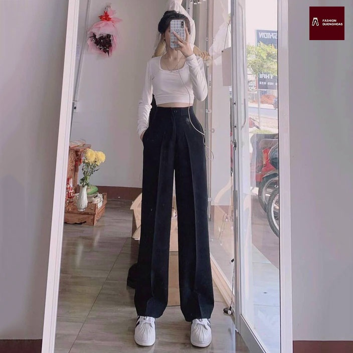 Quần Ống Rộng Suông lưng cao khóa trước 1 khuy chất tuyết mưa khuy giữa quần culottes ống xuông cạp cao cho nữ 008