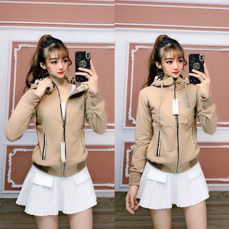 Áo khoác nữ thun da cá dài viền dây kéo lót nón caro bbry | BigBuy360 - bigbuy360.vn