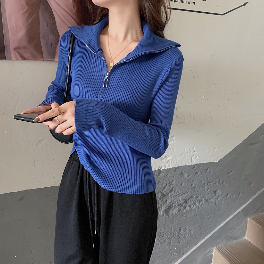 Áo sweater tay dài có dây kéo nửa thời trang mùa thu