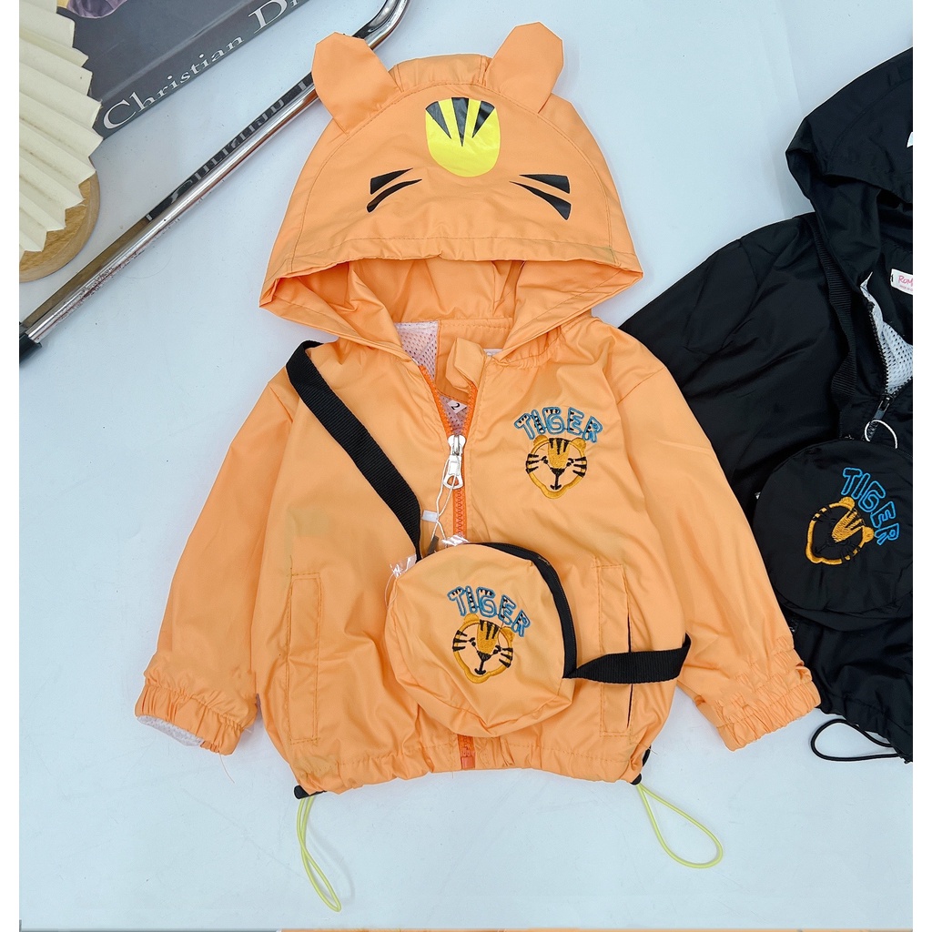 Áo khoác cho bé, áo khoác gió 2 lớp vài gió lì chính phẩm kèm túi thêu chú hổ cho bé trai, bé gái