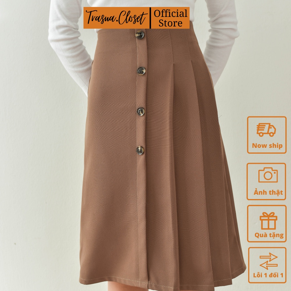 Chân váy dài qua gối xếp ly chuẩn Trà Sữa Closet vải đẹp dày dặn TS015