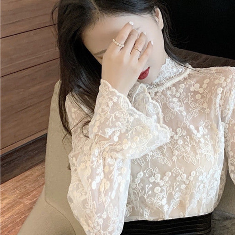 Áo thun tay dài cổ cao phối ren hoa văn thời trang quyến rũ cho nữ