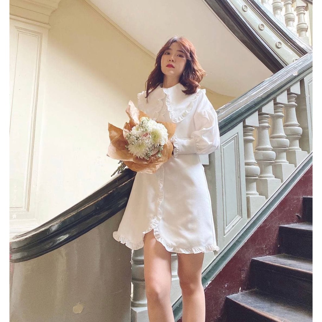 Đầm Sơmi Cổ Vạt Bèo, Tay phồng, Vạt Đầm Cách Điệu, Váy Sơ mi Suông Bánh Bèo KC1302