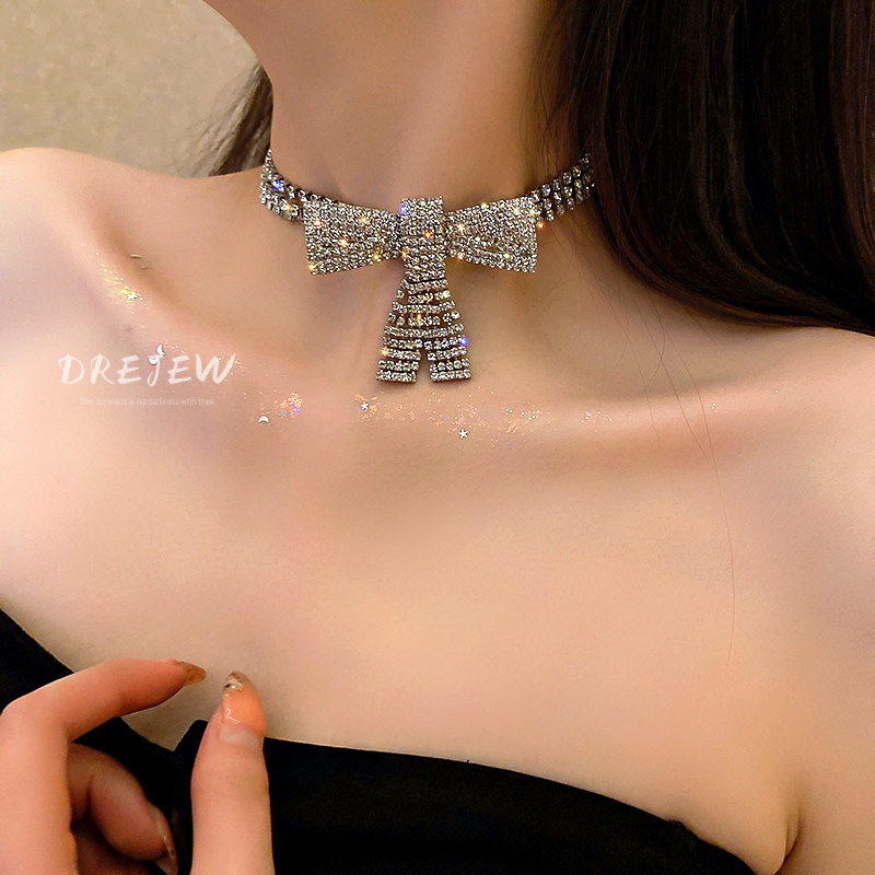 DREJEW Vòng cổ choker phối nơ đính đá thời trang dành cho nữ