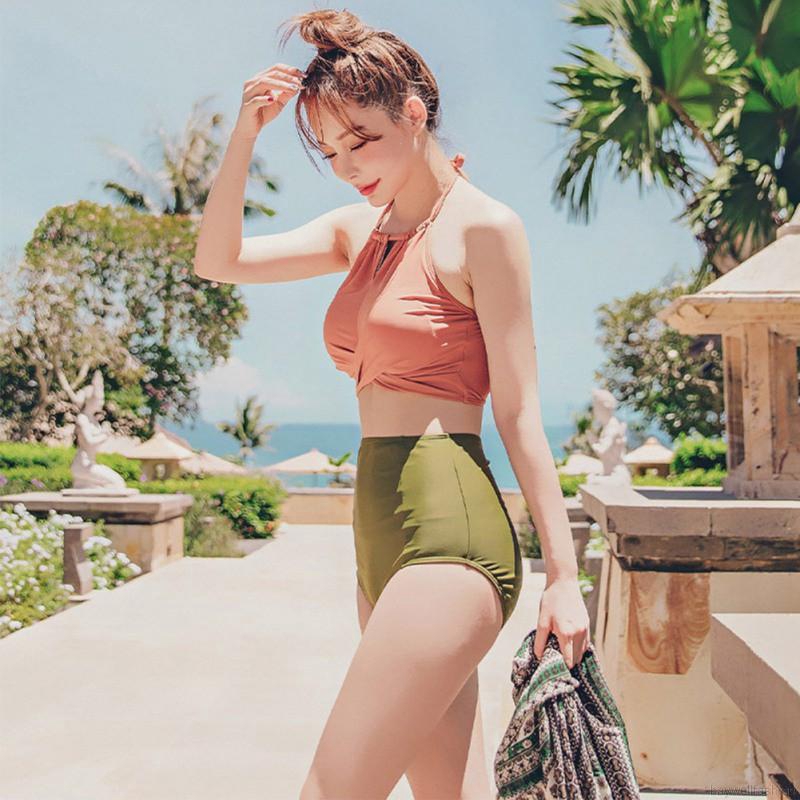 [Baywellfashion]Women Sexy Sweet Solid Color Simple High Waist Halter Cross Strap Bandage Split Bikini Set Swimsuit