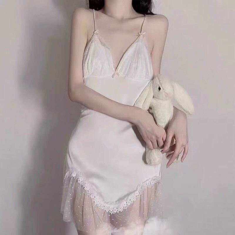 Váy Ngủ Lụa Phối Ren Bi Dễ Thương, Sexy Kèm chip. Ship hoả tốc SG
