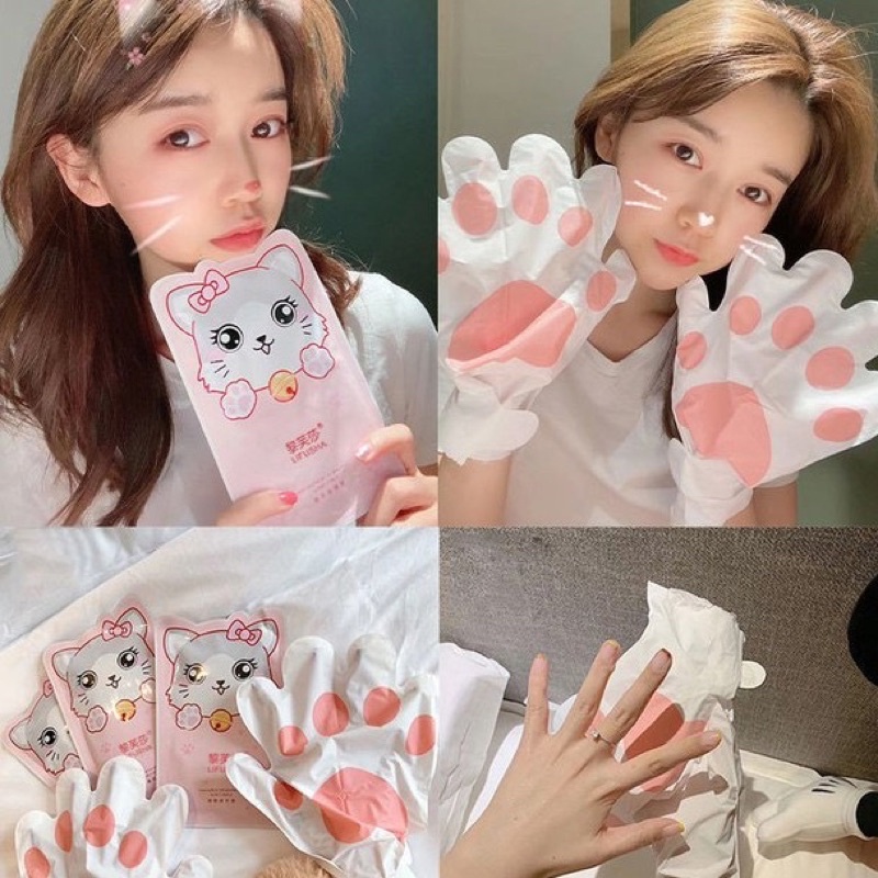 Mặt nạ tay làm trắng da, dưỡng ẩm, tẩy tế bào chết, chống lão hóa phối họa tiết chân mèo dễ thương