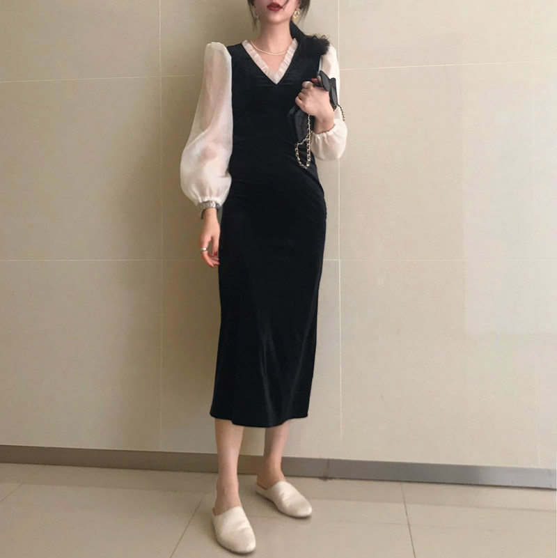 Đầm Nhung Xiaozhainv Tay Dài Cổ Chữ V Phong Cách Retro Hàn Quốc | BigBuy360 - bigbuy360.vn