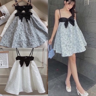 Đầm hai dây nữ babydoll chất gấm phối nơ ngực dáng ngắn