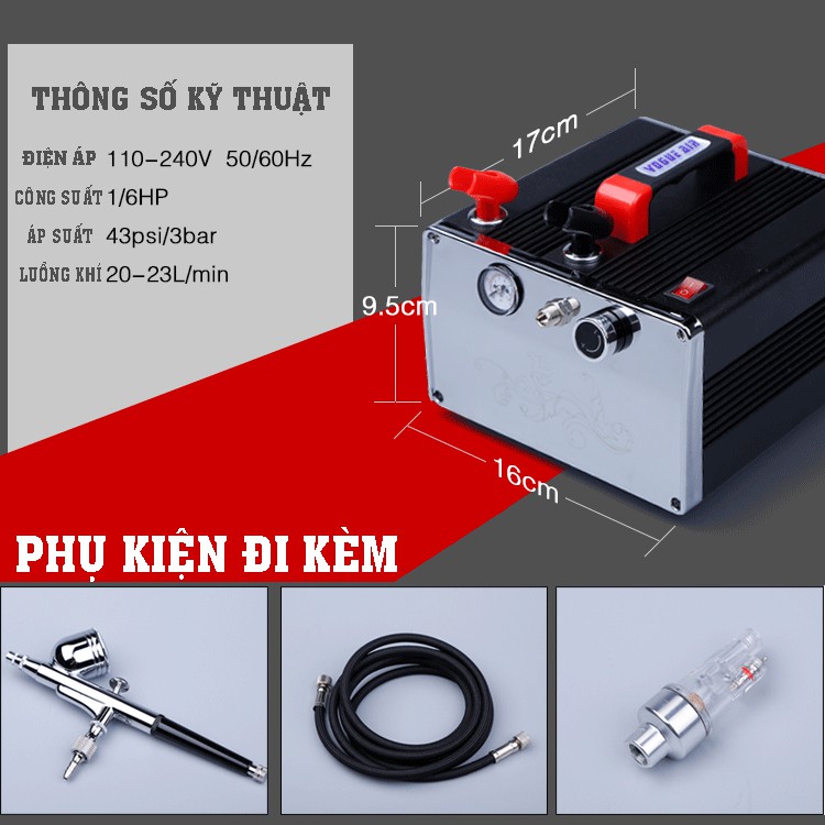 Máy Nén Khí Mini AB217 Kèm Súng Phun Sơn Airbrush HD-130, Máy Phun Sơn Nghệ Thuật.