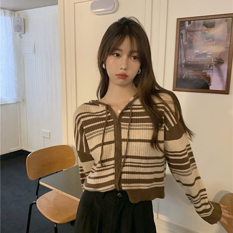 Áo khoác cardigan có mũ họa tiết kẻ sọc thời trang xuân thu cho nữ