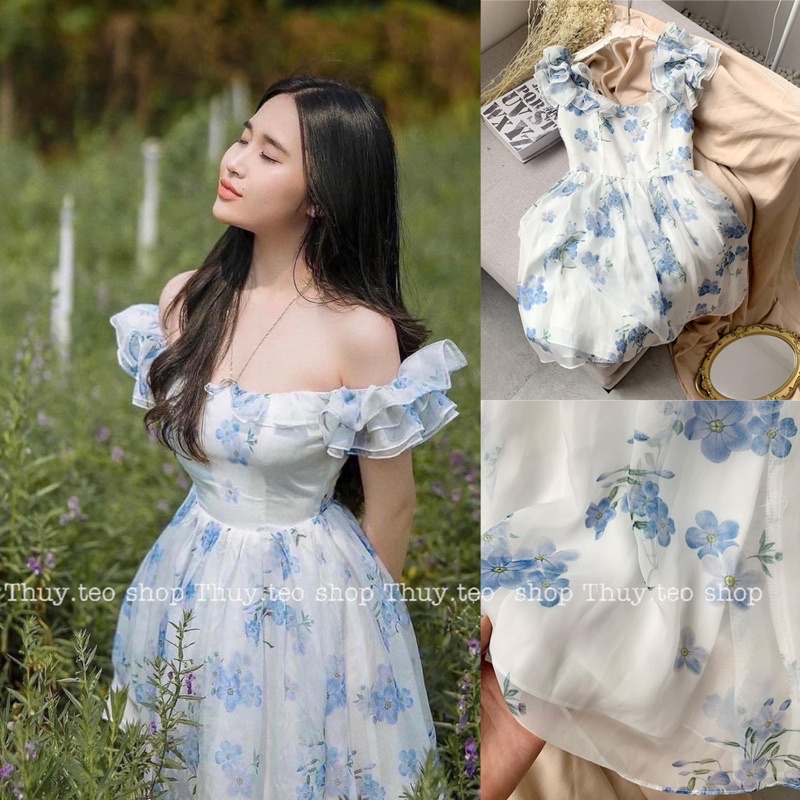 [Hàng sẵn] VÁY HOA XANH DƯƠNG TRỄ VAI CÓ CHUN LƯNG