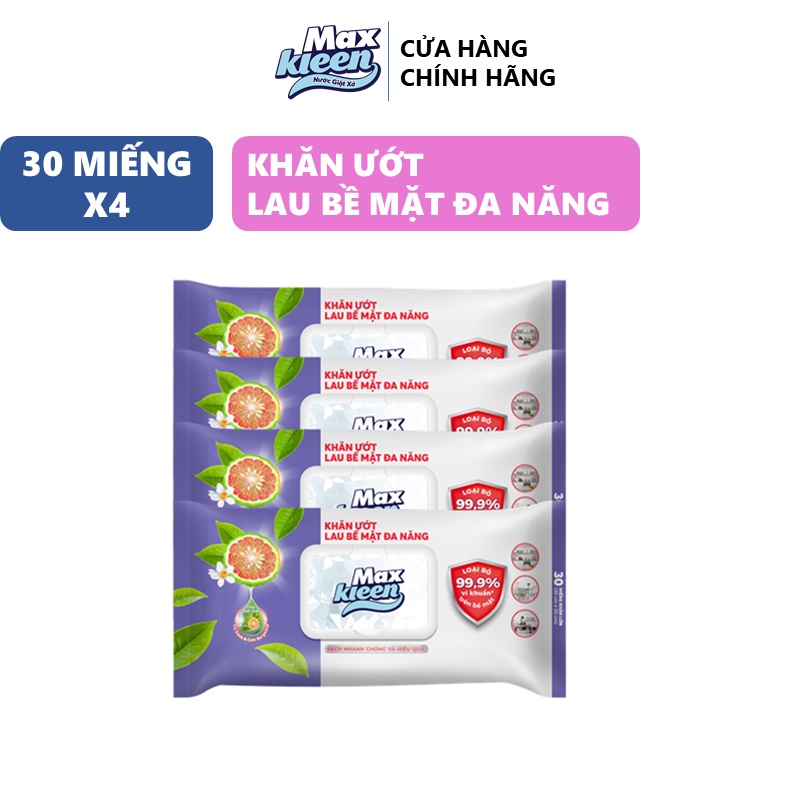 Combo 4 Khăn Ướt Lau Bề Mặt Đa Năng MaxKleen (30 miếng/bịch)