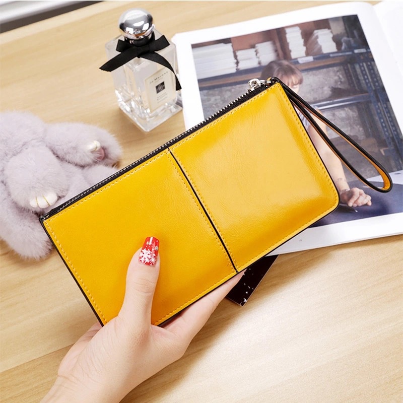 Ví Da Sáp Dầu Cầm Tay Khóa Kéo Vintage Cho Nữ