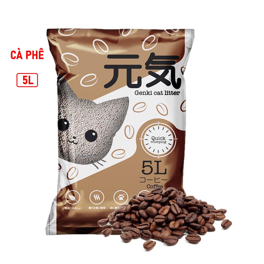 Cát vệ sinh mèo Nhật, Genki, mèo cô đơn hương cà phê, táo, hoa hồng, lavender, nhài, chanh, trà xanh 8L(4 kg)