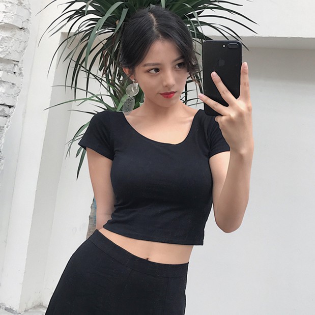 SUXI Áo thun Croptop tay ngắn cổ chữ U