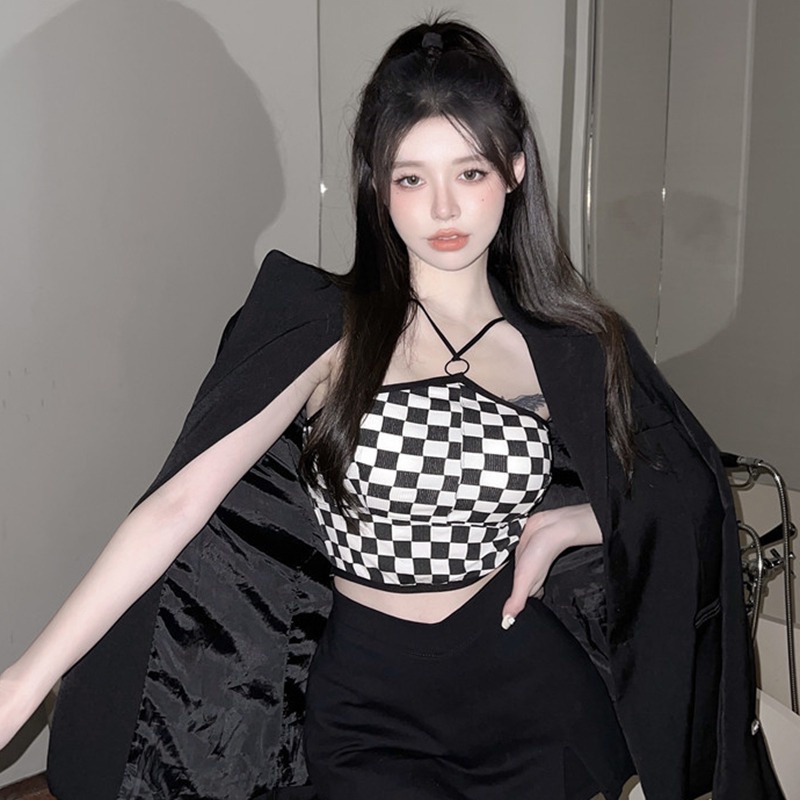 Áo Croptop Dệt Kim Cổ Yếm Họa Tiết Kẻ Sọc Có Đệm Ngực Thời Trang Quyến Rũ Cho Nữ