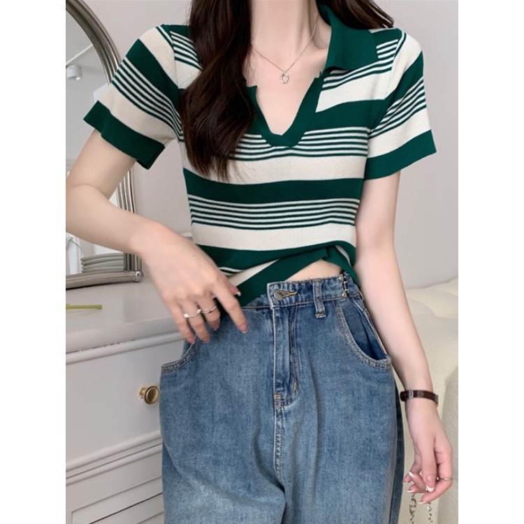 QADCOL  Áo polo Dệt Kim Mỏng Dáng Ôm Tay Ngắn Kẻ Sọc Kiểu Retro Dễ Phối Đồ
