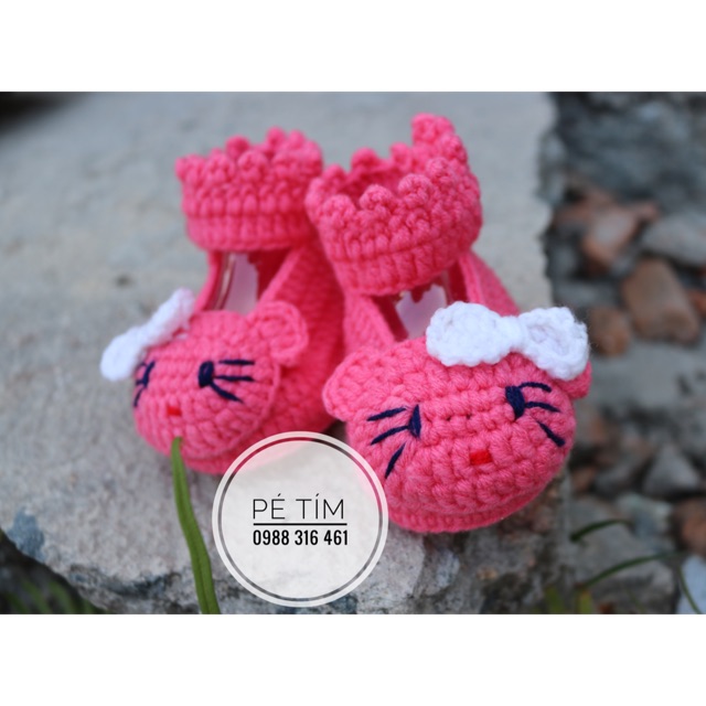 Giày len handmade/ giày len kitty hồng cho bé gái