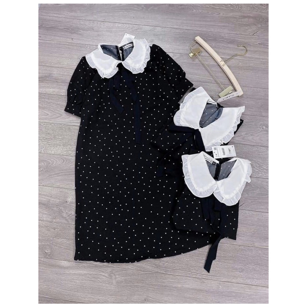 Váy Bầu Thiết kế công sở Cổ Trắng sen chấm bi Lịch sự, sang trọng, váy size từ 40-75kg