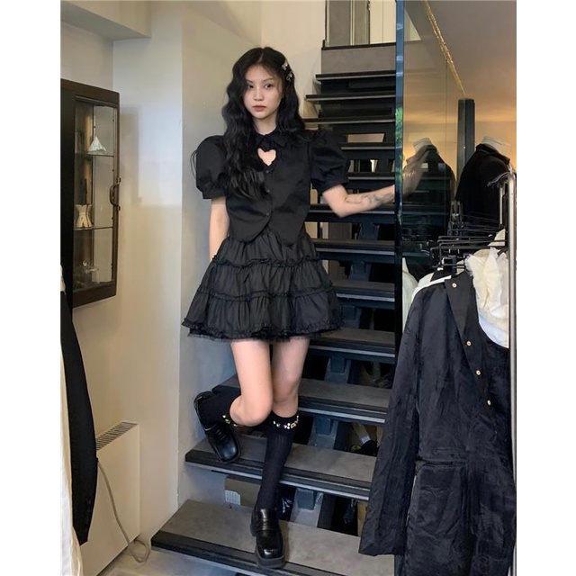 Set Áo Sơ Mi Tay Phồng Kèm Chân Váy Ngắn Xếp Tầng Thời Trang Mùa Hè Dành Cho Nữ