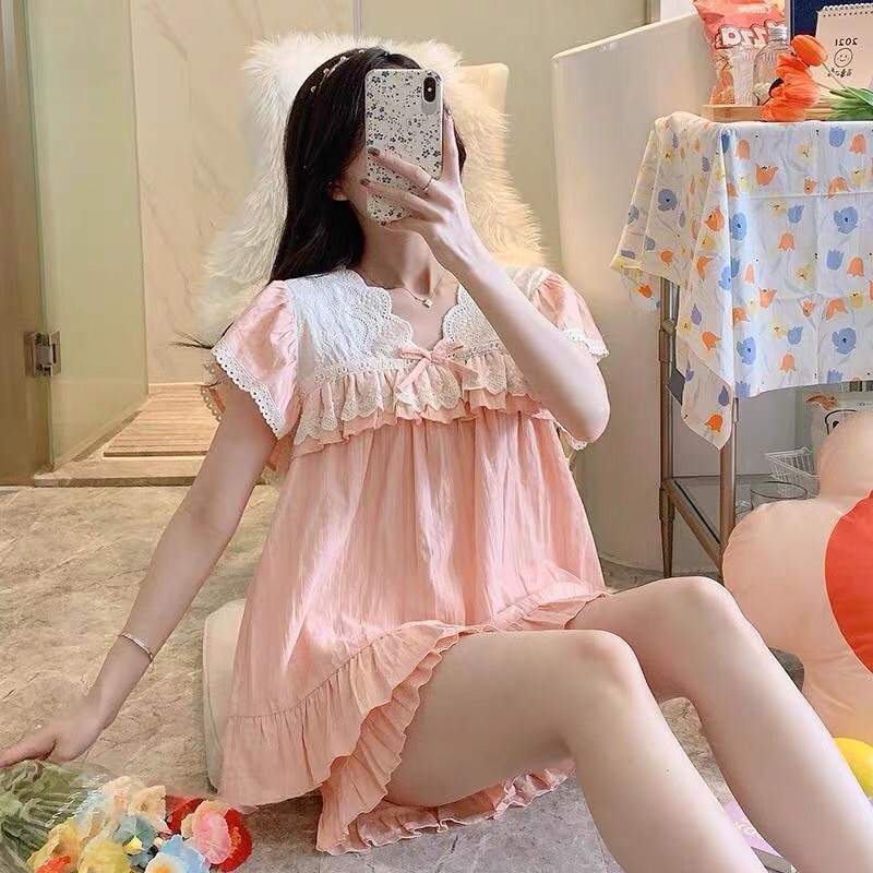 SET BỘ MẶC NHÀ BÁNH BÈO HỒNG REN TRẮNG rẻ nhất shopee