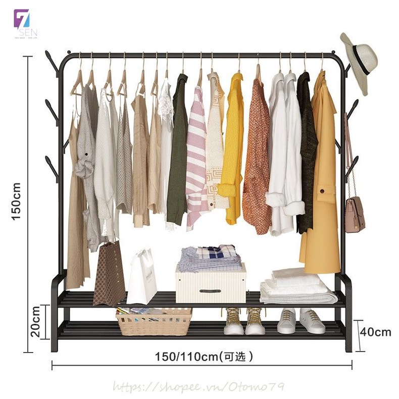 Kệ Treo Quần Áo 2 Tầng Khung Đơn Tặng Kèm Móc Treo Túi Xách Bên Hông