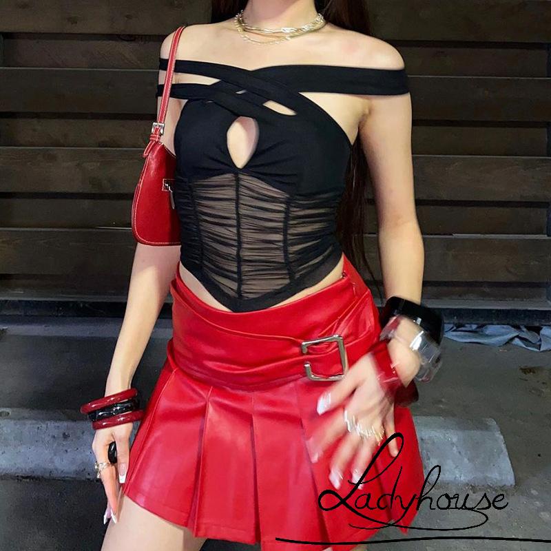 Chân Váy Ngắn Xếp Ly Bằng Da Màu Trơn Thời Trang Cho Nữ Đen