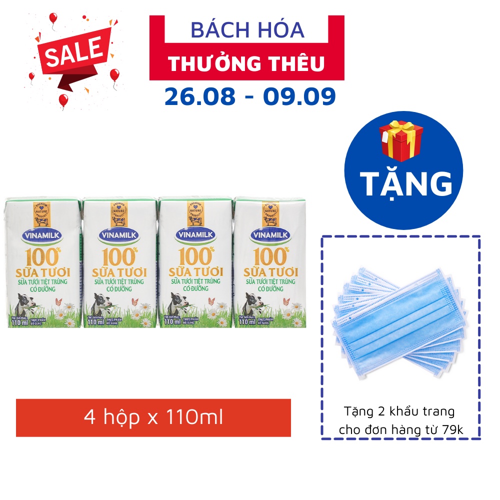 Lốc 4 Hộp Sữa Tươi Tiệt Trùng Vinamilk 100% 110ml