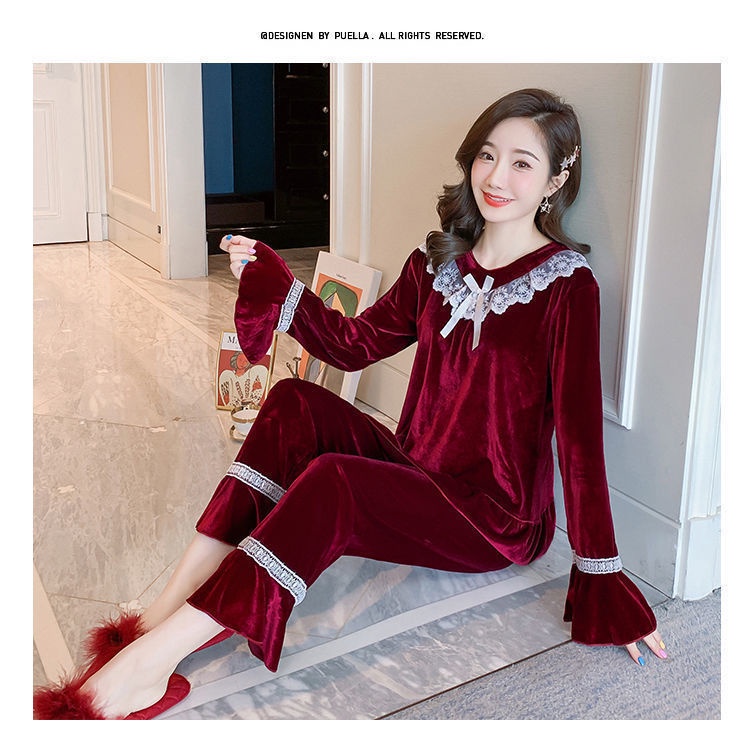Bộ đồ ngủ vải nhung phối ren phong cách Hàn Quốc sang trọng thời trang xuân thu cho nữ