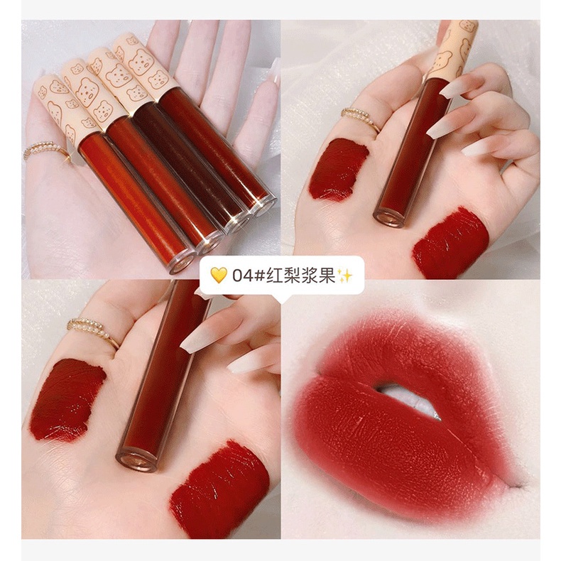[Hàng mới về] Set 4 Son Kem Lì Lâu Trôi Dễ Lên Màu Thiết Kế Hình Gấu Xinh Xắn